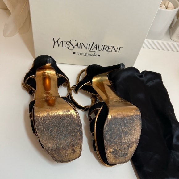 Yves Saint Laurent YSL Suede Black Gold Cutout Accent T-Strap Sandals - Picture 10 of 13